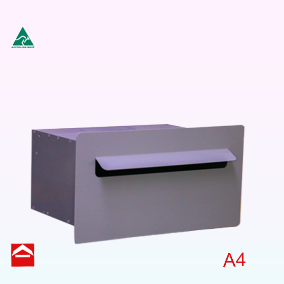 Front view of the Valerie-Selena rear opening letterbox that is suitable for brick work. Aluminium front plate 410x220mm attached to a letterbox 350 wide x 250 deep x 175mm high.