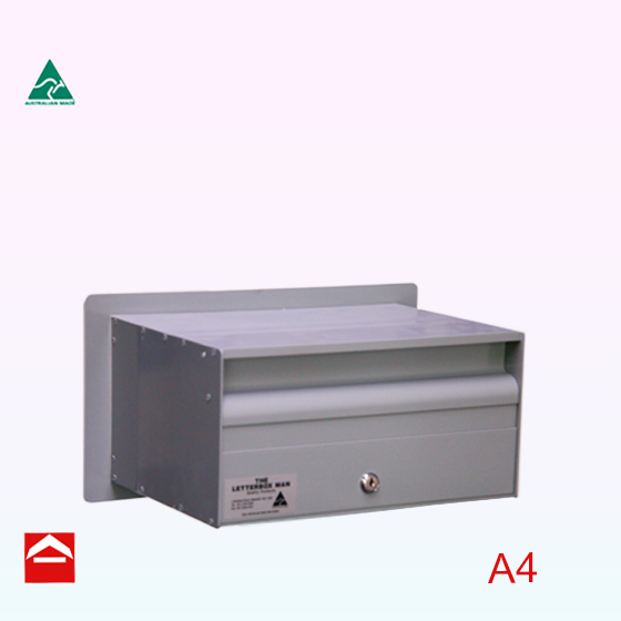 Rear view of the Valerie-Selena rear opening letterbox that is suitable for brick work. Aluminium front plate 410x220mm attached to a letterbox 350 wide x 250 deep x 175mm high.