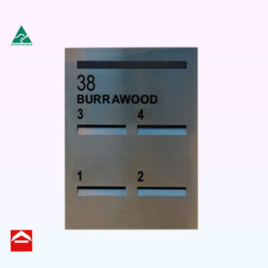 Stainless steel front plate with laser cutting and folded mail slots for 4 and one normal mail slot above.