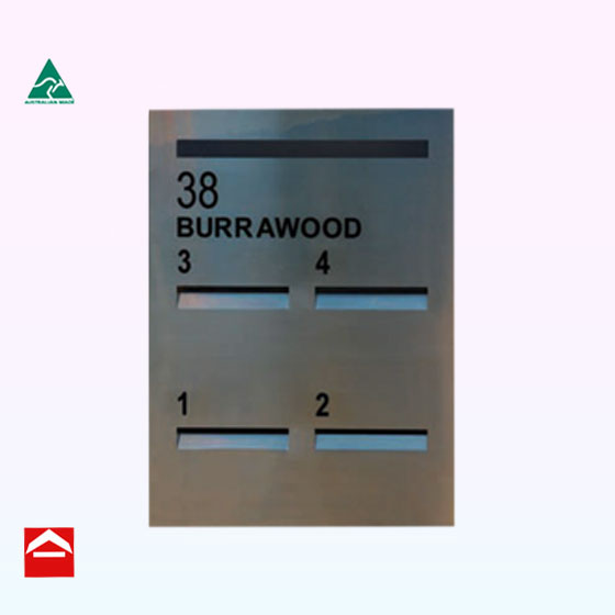 Stainless steel front plate with laser cutting and folded mail slots for 4 and one normal mail slot above.