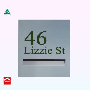 Stainless steel front mail plate for a rear open letterbox with folded in mail slot and laser cutting with green backing plate
