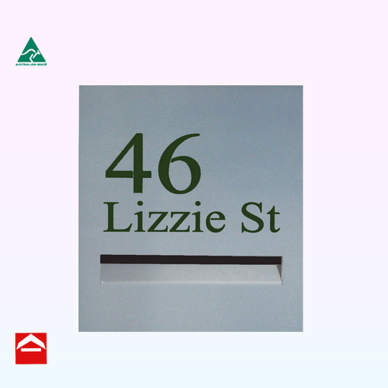 Stainless steel front mail plate for a rear open letterbox with folded in mail slot and laser cutting with green backing plate