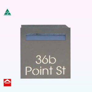 stainless steel front plate with laser cutting and white backing plate. with aluminium box behind rear open.