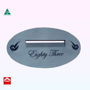 Image of oval shaped stainless steel front plate with mail slot and engraved words and image